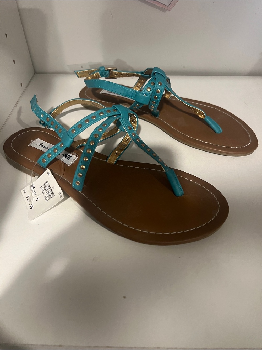 American Eagle Outfitters Turquoise Studded T-Strap Sandals